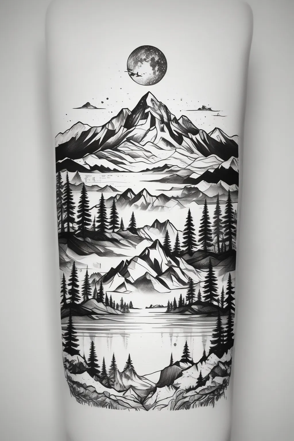 Snowy moutain with a lake and pine trees for a forearm Tätowierung