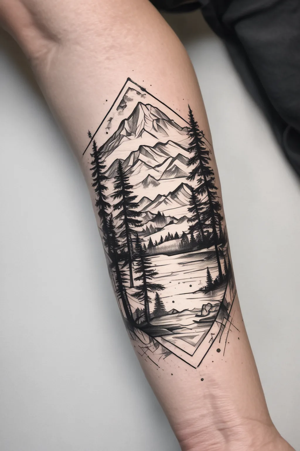 Snowy mountain with a lake and pine trees, sideways on the inside of the forearm. inside six rectangles with thick borders татуировка