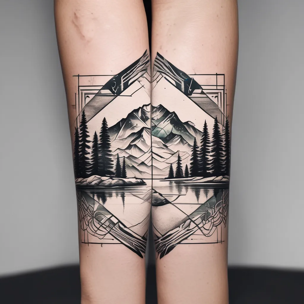 Snowy moutain with a lake and pine trees, lengthwise on the forearm in 6 squares of equal size. tatuaż