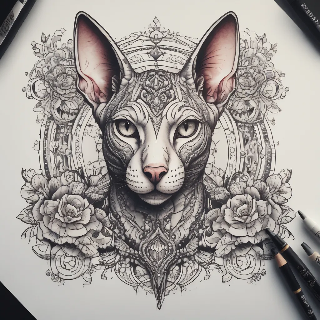 sphinx cat sorrounded with details  tattoo