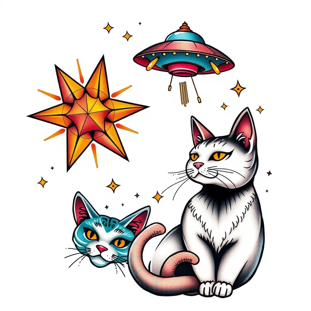 Estrellas, gatos, 👾, ovnis  dövme