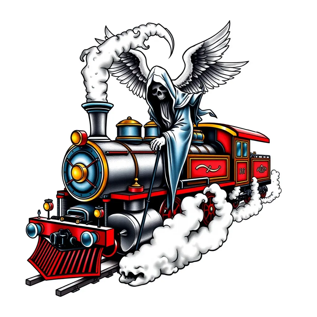 Steam train with grim reaper standing in front of it with an angel in the sky reaching  Tätowierung