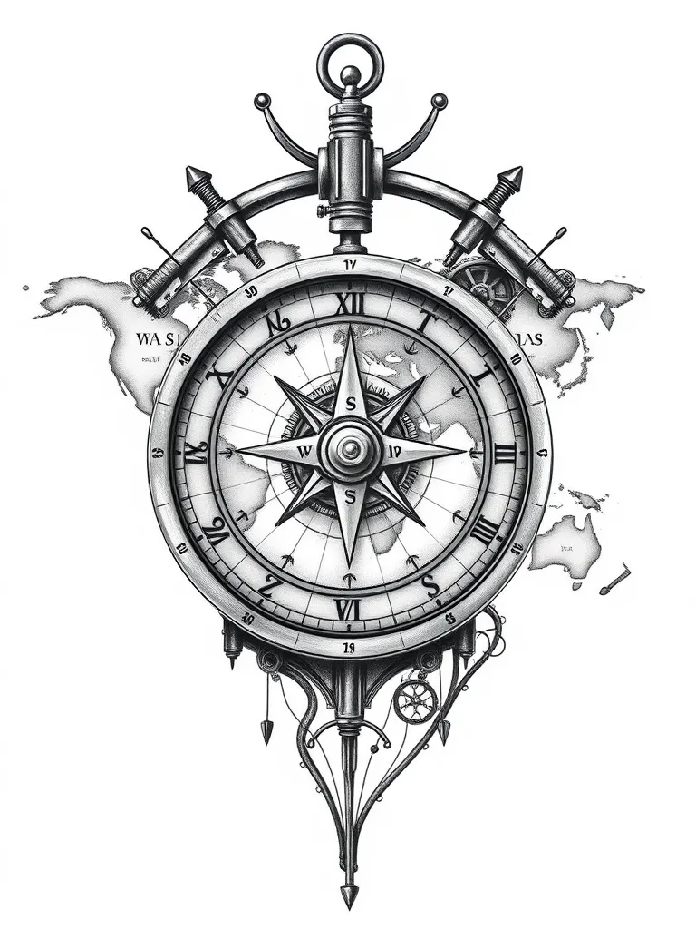 steampunk timepiece compass and world map tatuaggio