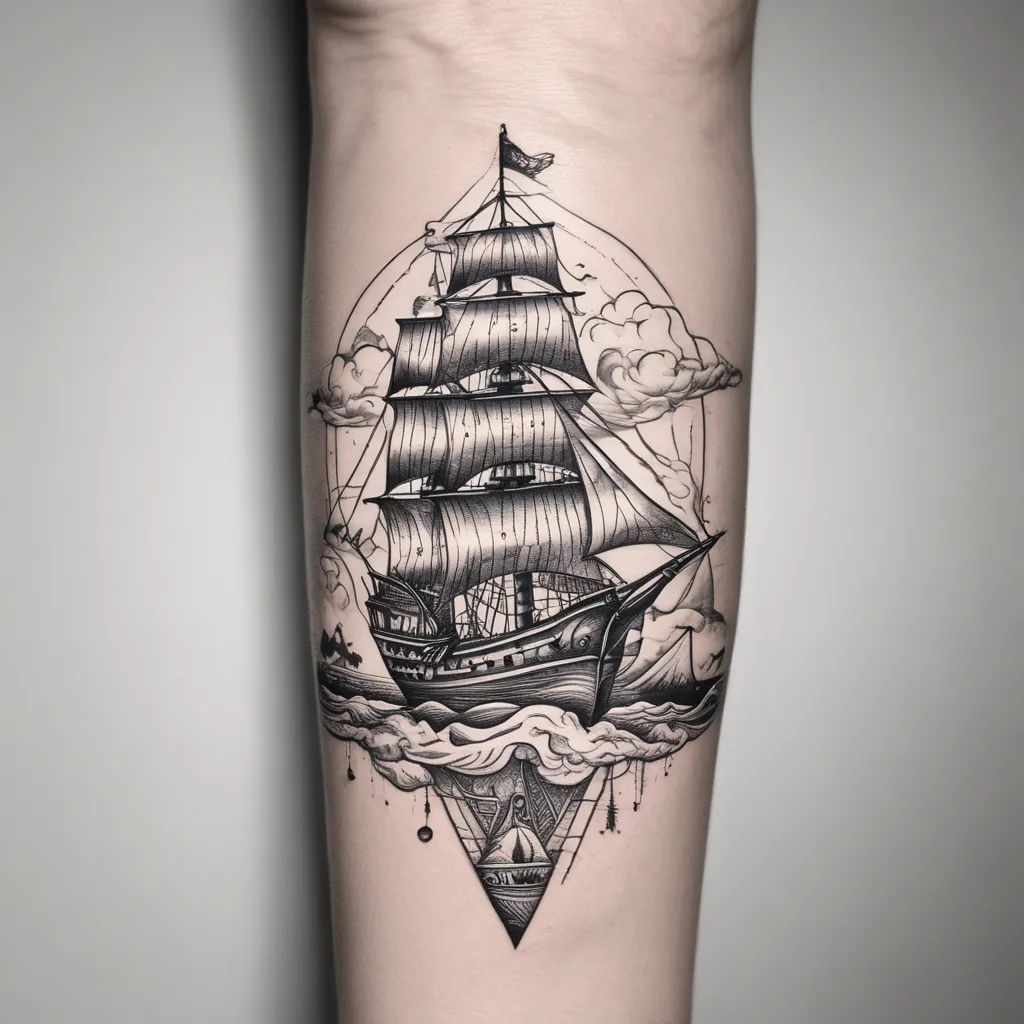 Stormy seas with ship with a few sails and lightning and clouds, small and thin around wrist in geometric shape tetování