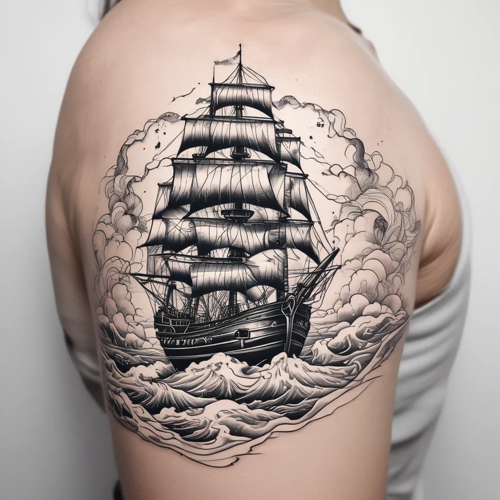 Stormy seas with ship with sails and lightning and clouds tatuointi