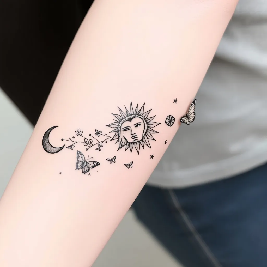 Estilo: Fine line (líneas finas), fluido, simbólico, elegante.
Formato: Horizontal, delgado, recorriendo el antebrazo desde la muñeca hasta el codo.
De izquierda (muñeca) a derecha (codo):
1. Luna creciente 🌙 — símbolo de intuición, ciclo, lo oculto.
Puede estar acompañada por pequeñas estrellas.
2. Símbolo de Géminis ♊ y dos rostros entrelazados — puede estar dibujado en negativo, fusionando lo humano y lo etéreo (aire).
3. Naturaleza viva — ramas delgadas, flores silvestres, mariposas o un pájaro en vuelo entre los símbolos. Representa tu conexión con lo natural, lo libre. Animales como el gato, (protección) el perro (fidelidad) y el caballo (libertad)
4. Sol radiante ☀️ — símbolo de claridad, energía vital, ego sano. Puede ser el punto donde empieza a “irradiar” el león.
5. Leo 🦁 — un rostro de león sereno o el símbolo astrológico ♌, tal vez incrustado en la melena del león o fusionado con el sol.
6. Animales menores integrados — pequeñas figuras como un colibrí, , o mariposas, dispuestas a lo largo como si “recorrieran el cosmos” de tu piel
🌀 Estilo visual:
• Líneas finas, suaves y etéreas.
• Composición ligera pero con narrativa visual.
• Que no sea un collage, sino un flujo visual continuo.
• Negro o gris suave (para elegancia atemporal y menos saturación). وشم