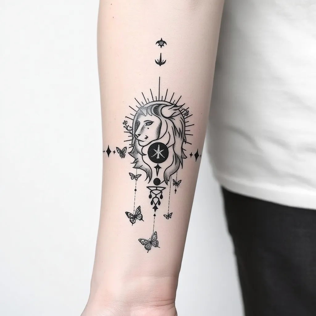 Estilo: Fine line (líneas finas), fluido, simbólico, elegante.
Formato: Horizontal, delgado, recorriendo el antebrazo desde la muñeca hasta el codo.
De izquierda (muñeca) a derecha (codo):
1. Luna creciente 🌙 — símbolo de intuición, ciclo, lo oculto.
Puede estar acompañada por pequeñas estrellas.
2. Símbolo de Géminis ♊ y dos rostros entrelazados — puede estar dibujado en negativo, fusionando lo humano y lo etéreo (aire).
3. Naturaleza viva — ramas delgadas, flores silvestres, mariposas o un pájaro en vuelo entre los símbolos. Representa tu conexión con lo natural, lo libre. Animales como el gato, (protección) el perro (fidelidad) y el caballo (libertad)
4. Sol radiante ☀️ — símbolo de claridad, energía vital, ego sano. Puede ser el punto donde empieza a “irradiar” el león.
5. Leo 🦁 — un rostro de león sereno o el símbolo astrológico ♌, tal vez incrustado en la melena del león o fusionado con el sol.
6. Animales menores integrados — pequeñas figuras como un colibrí, , o mariposas, dispuestas a lo largo como si “recorrieran el cosmos” de tu piel
🌀 Estilo visual:
• Líneas finas, suaves y etéreas.
• Composición ligera pero con narrativa visual.
• Que no sea un collage, sino un flujo visual continuo.
• Negro o gris suave (para elegancia atemporal y menos saturación). وشم