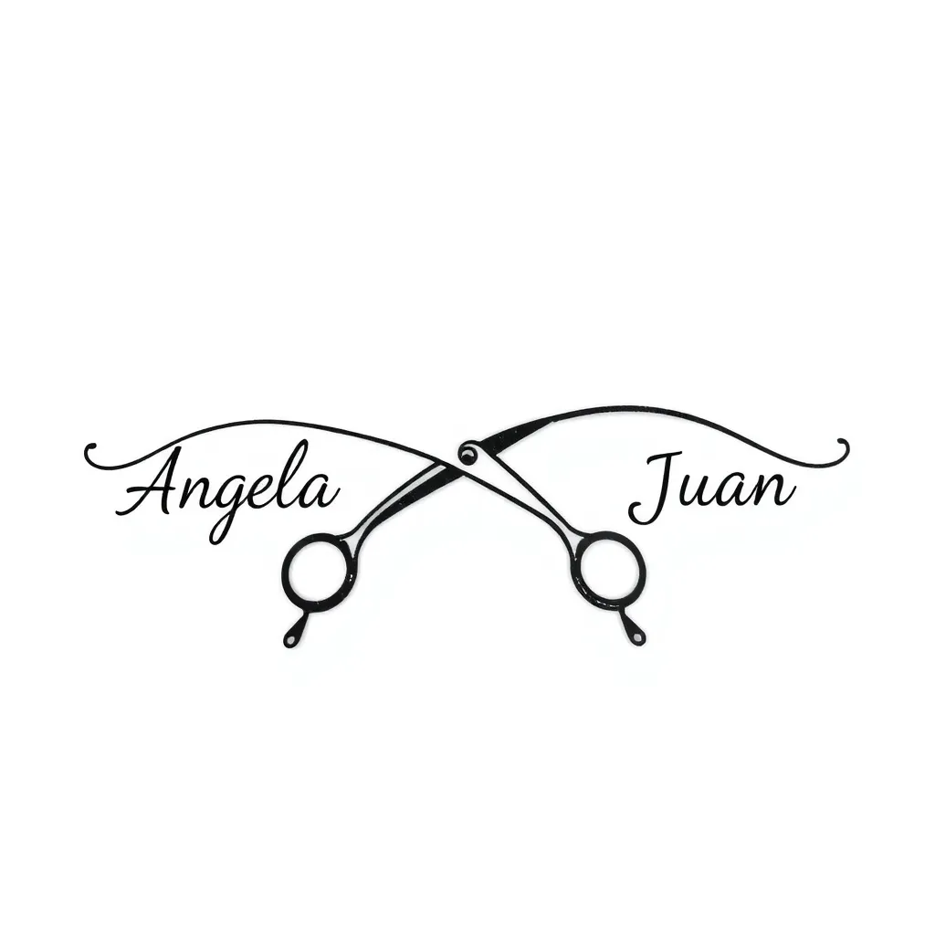 Tijera estilista en el medio envuelta en el simbolo infinito delgado negro de manera horizontal con el nombre angela y juan en cada punta وشم