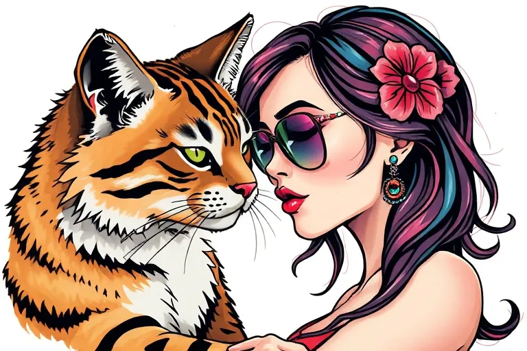 略隐晦地表达热烈的爱和欲，猫和身材性感的甜酷女孩 tatuaż