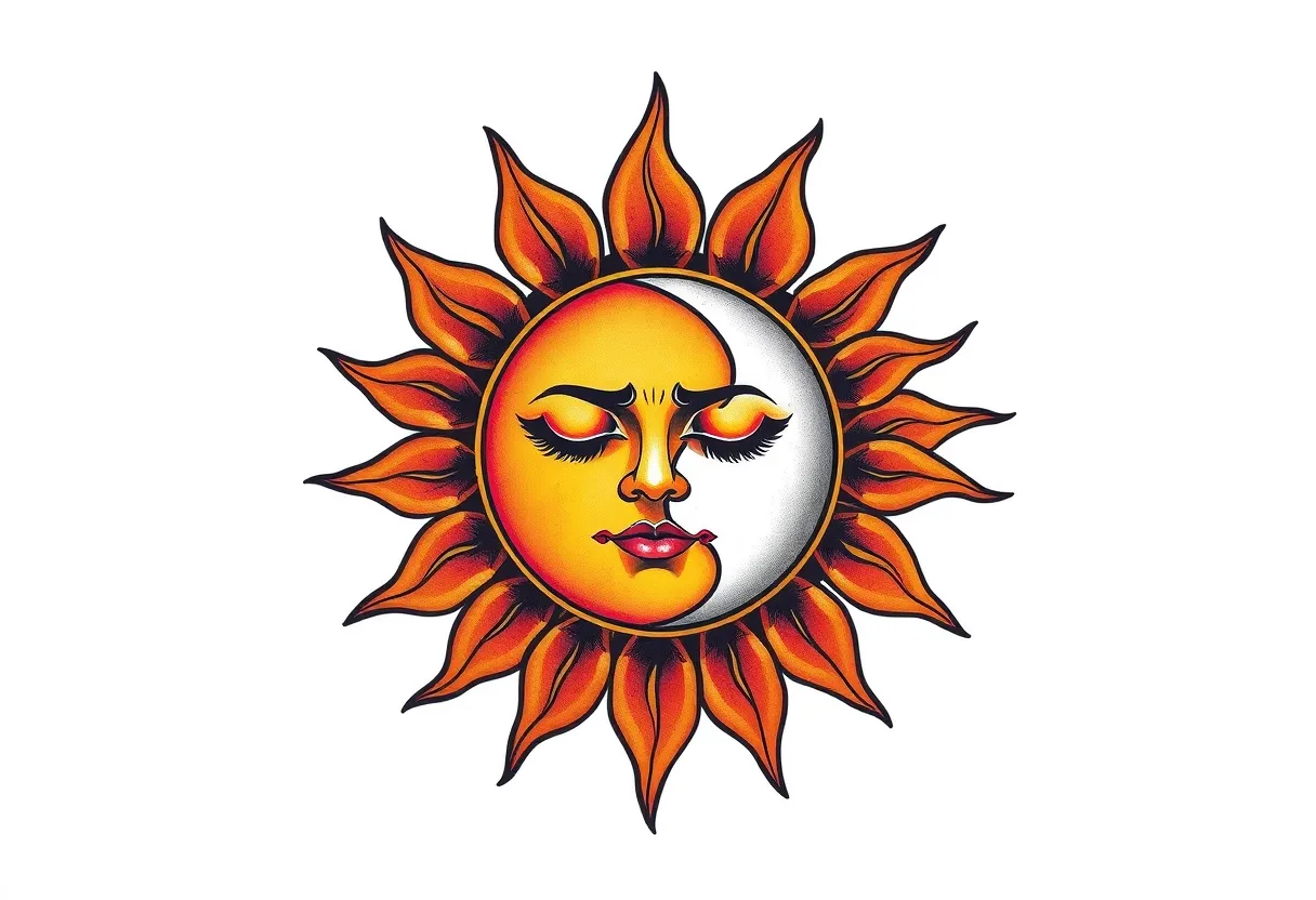 sol y luna menguante con cara en sol con ojos cerrados tatuaggio