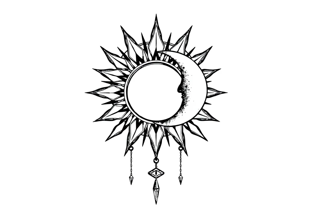 sol y luna menguante con cadenitas colgando  tatuagem