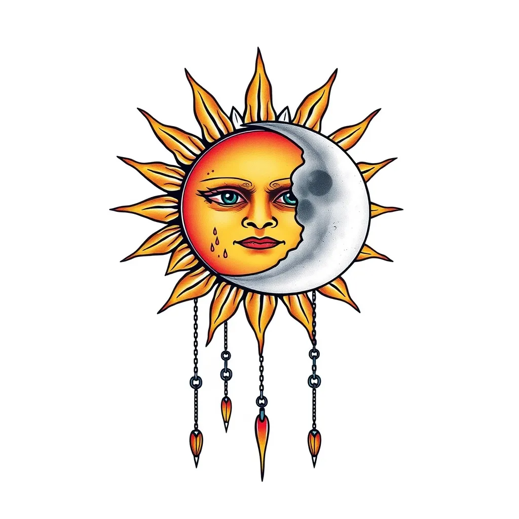 sol y luna menguante con cadenitas colgando 문신