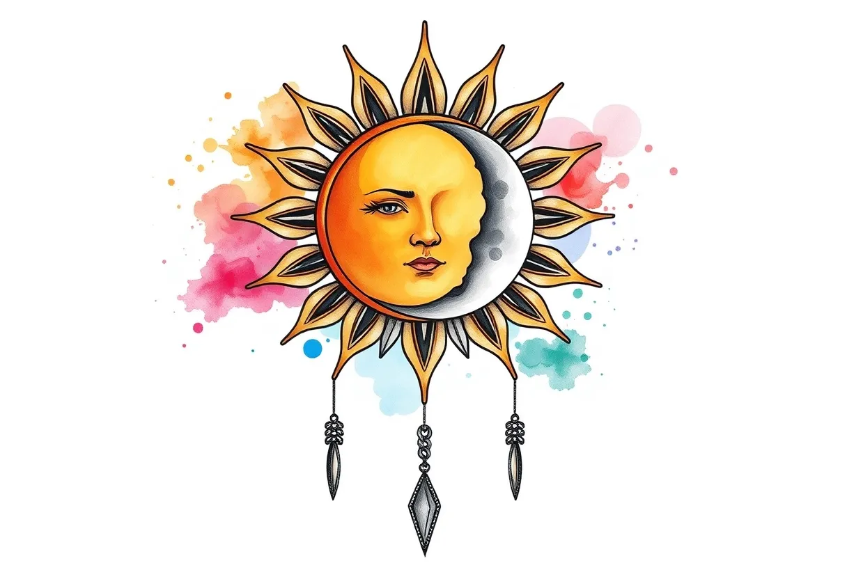 sol y luna menguante, con cadenas colgando, estilo mandala, con los colores de fondo tatuaż