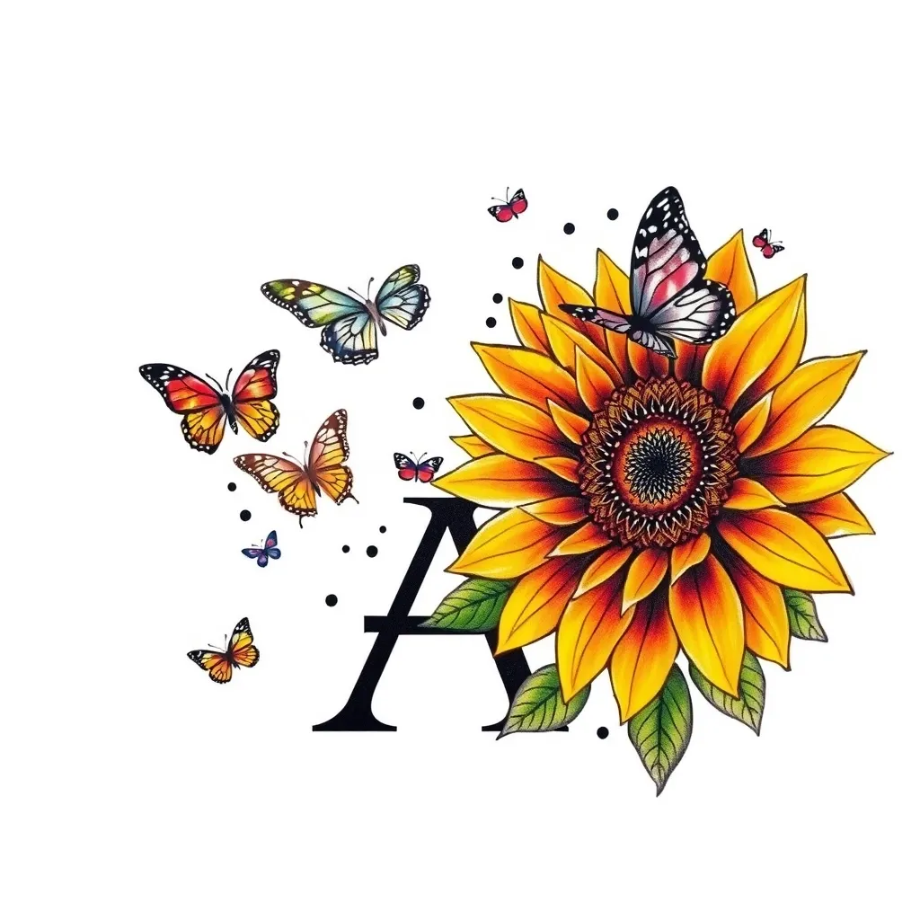 GIRASOL DE LADO DERECHO RODEADO DE MARIPOSAS Y LETRA A tatuaggio