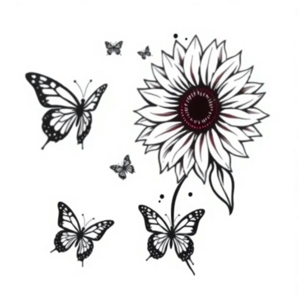 GIRASOL DE LADO DERECHO CON 2 MARIPOSAS Y 2 A tatuaggio