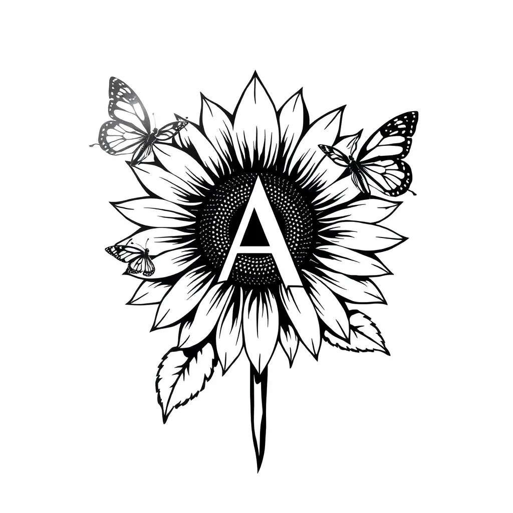 Girasol con mariposas y dos letras A tatuering