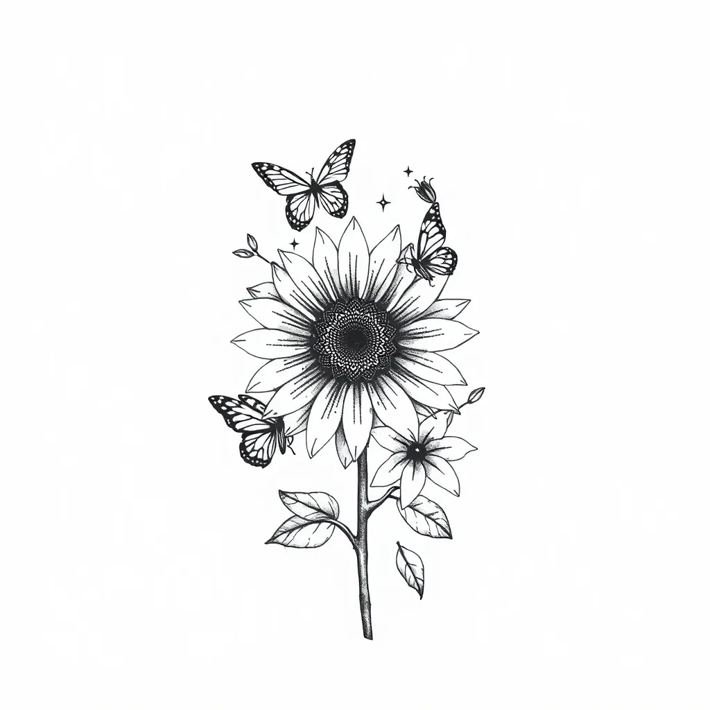 Girassol com lírios e borboletas tattoo