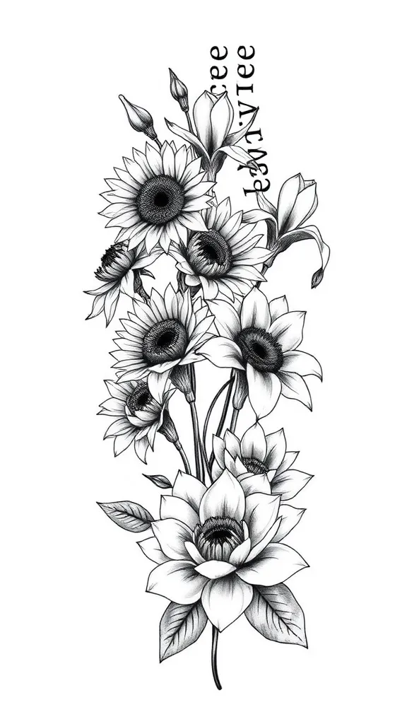 fleurs (tournesol, iris et lotus) en long avec le mot "persévérance" sur le côté tatuaggio