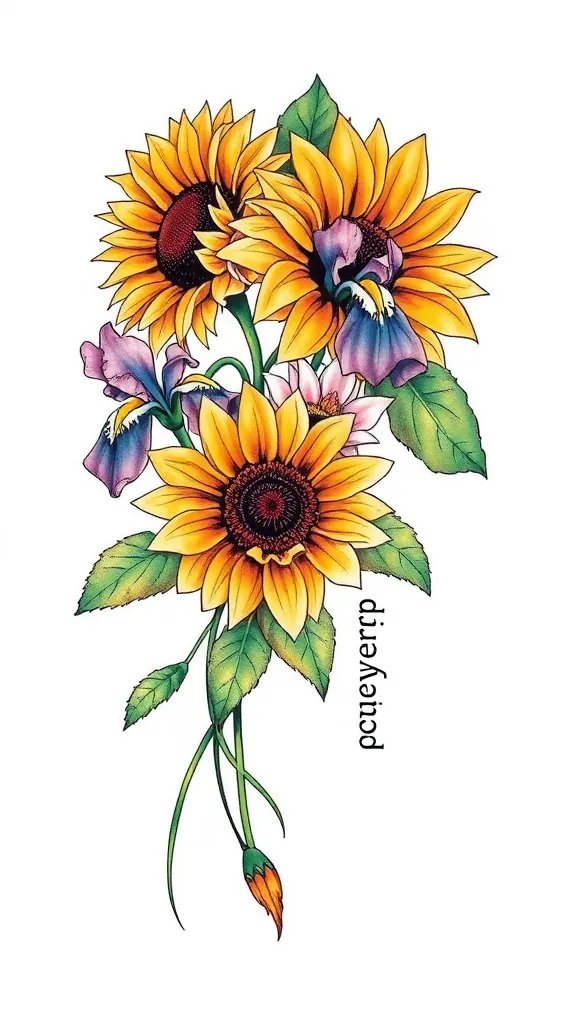 fleurs (tournesol, iris et lotus) en long avec le mot "persévérance" sur le côté tatuering