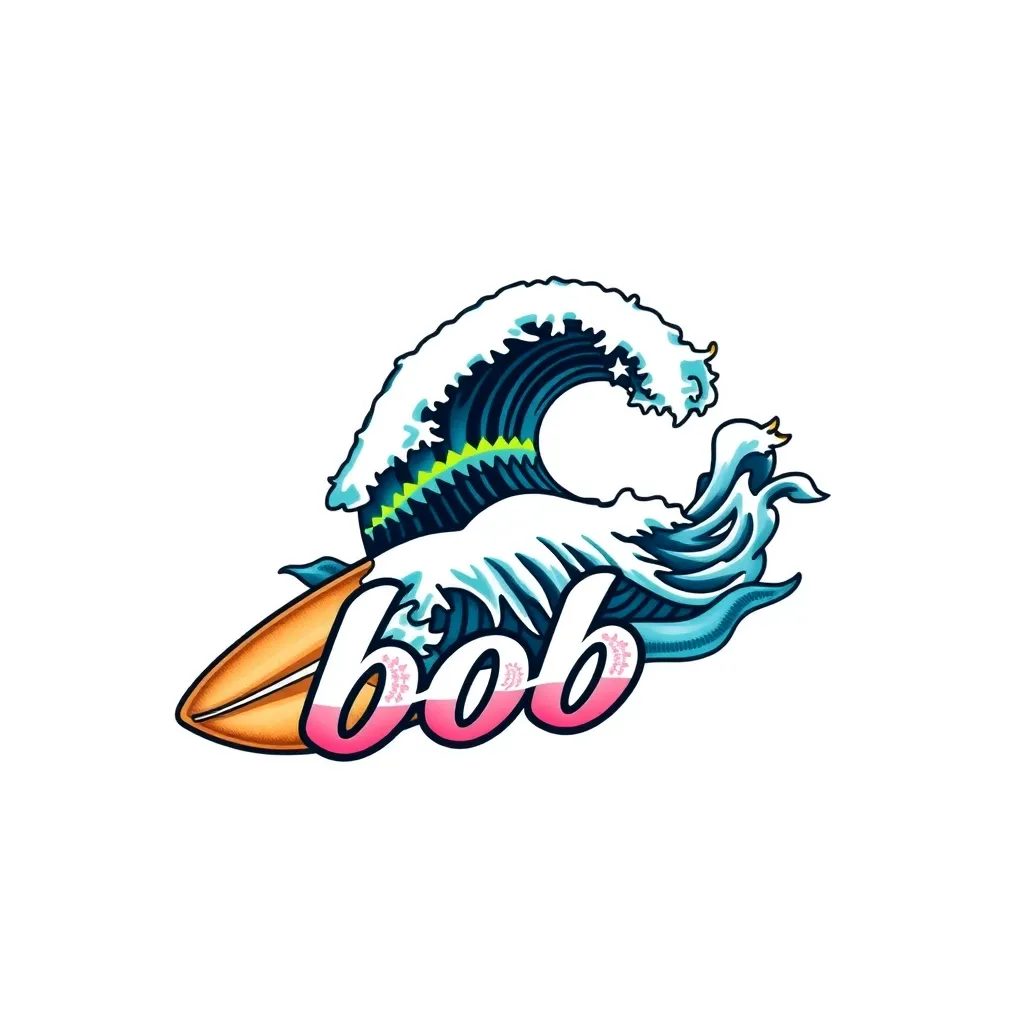 surfboard with a wave and the text: bob  문신