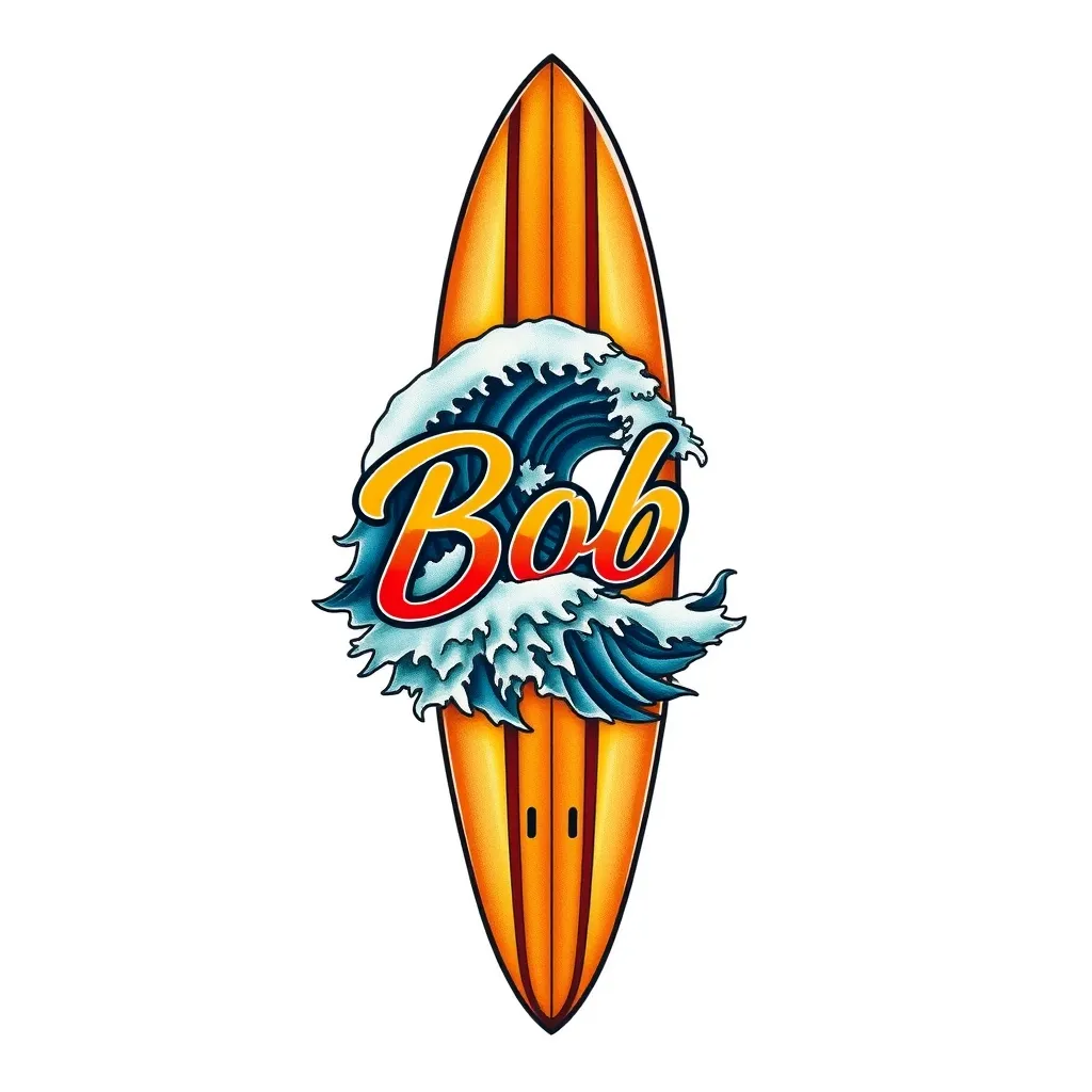 tavola da surf con la scritta bob e un'onda tatuaje