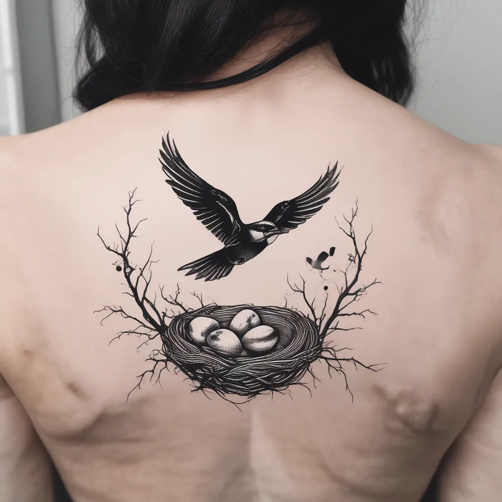 swallow flying and two chicks in the nest
 tattoo