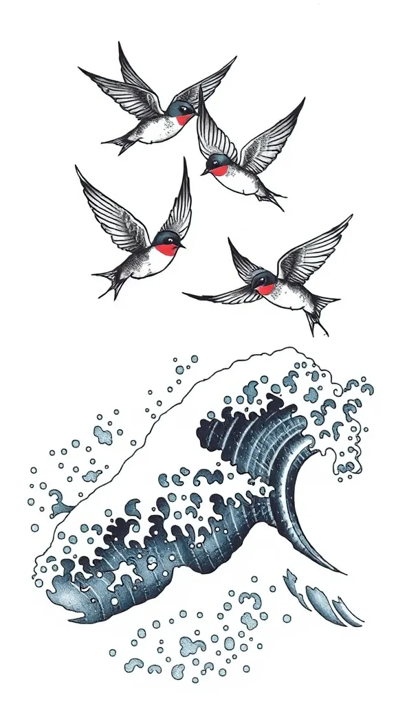 往上飛的燕子，掙脫海浪的深淵， tetování
