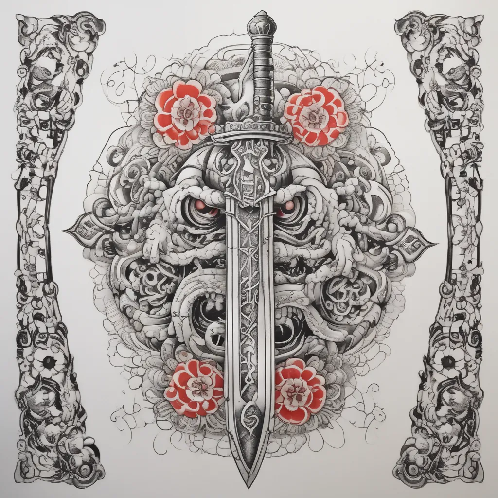 Sword with symbols that mean good luck tattoo