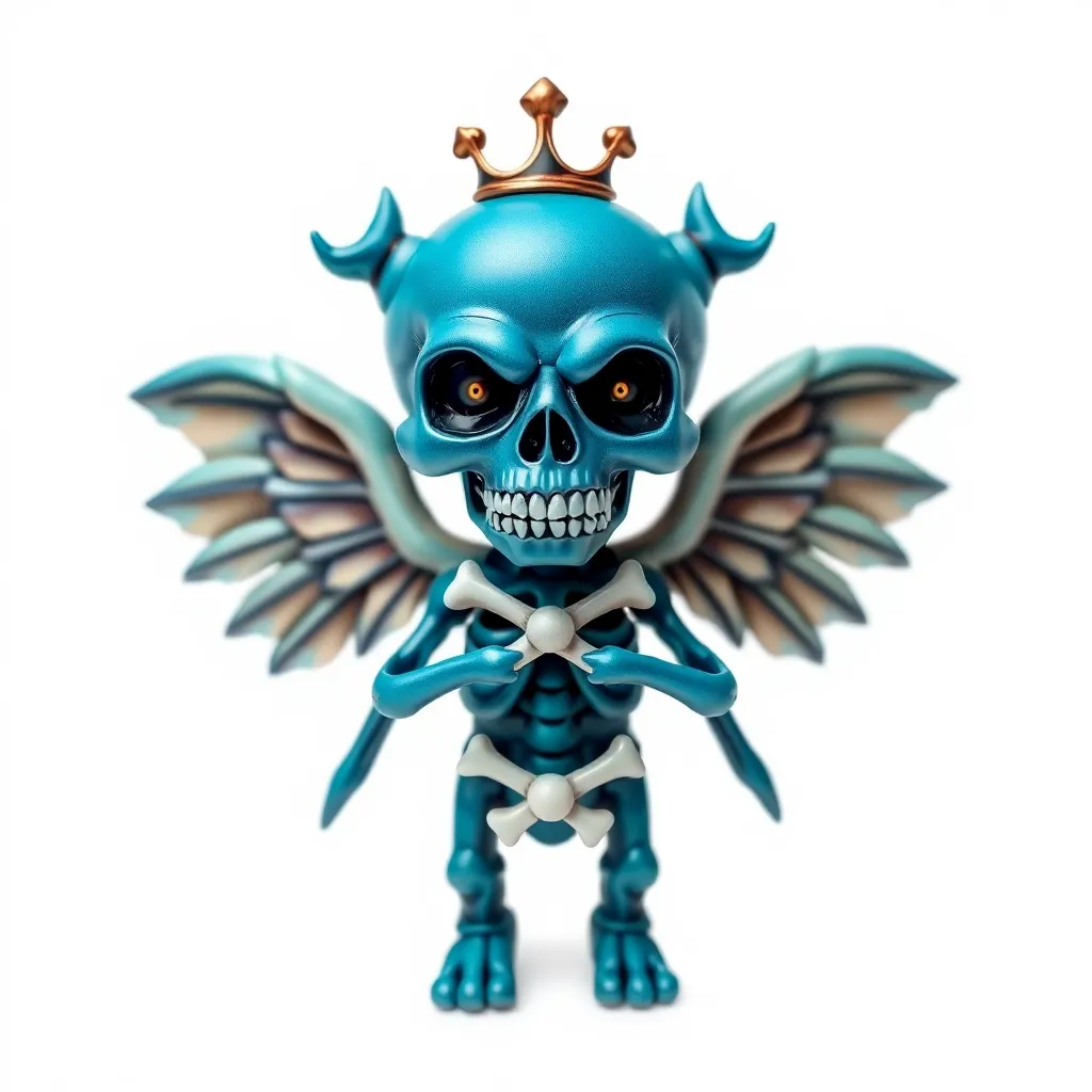 symmetric front view of voodoo cupid happy Roger skull candy monster miniature figure doll with crossed bones, painted in blue chrome clay, with wings and a crown on a transparent background 3D tattoo