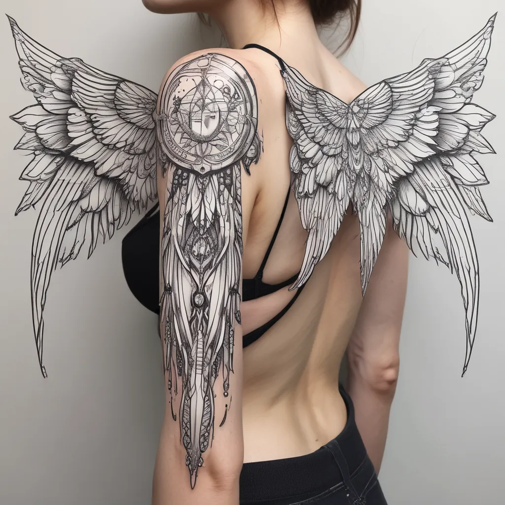 tall pair of fairy wings in white and black colors like a tattoo Tätowierung