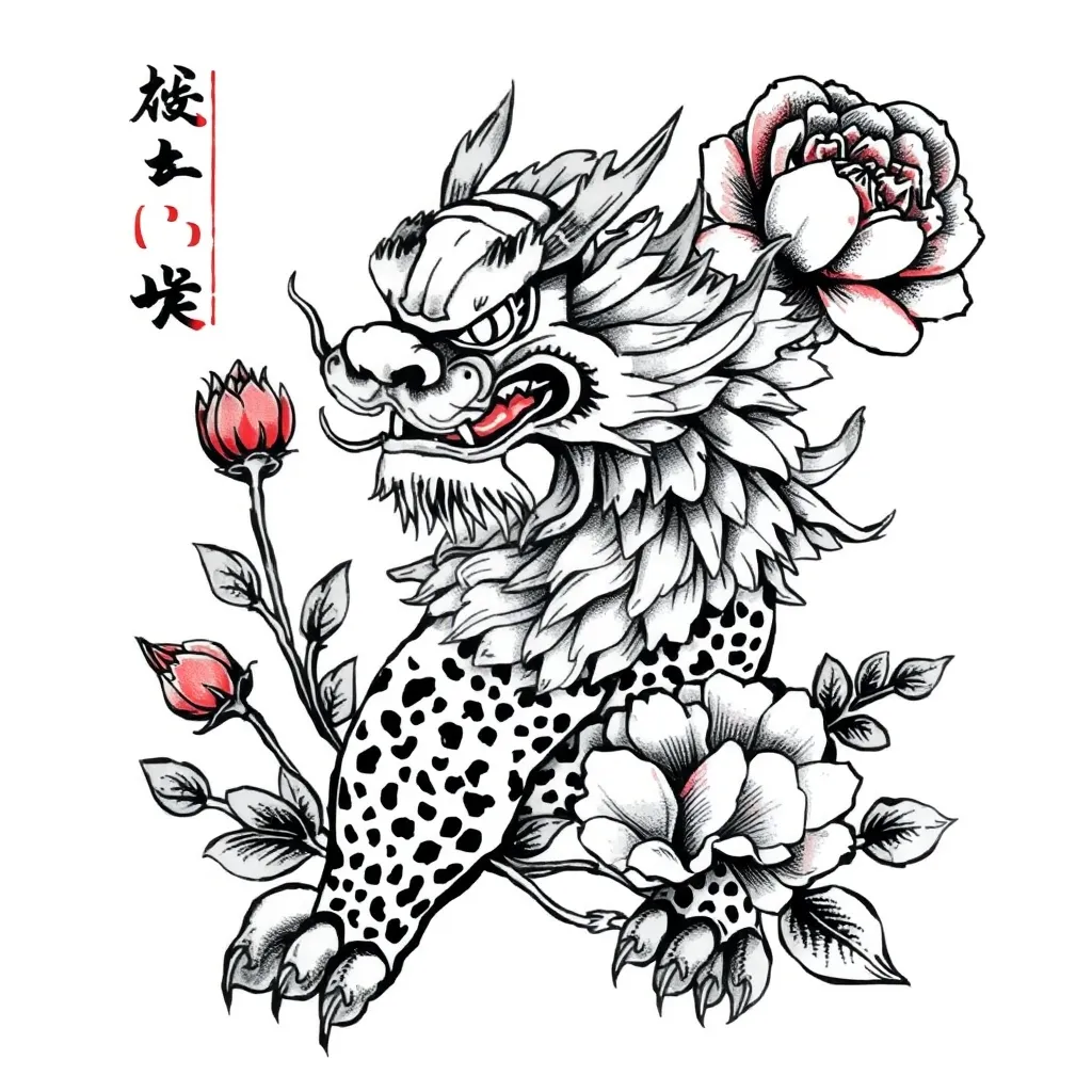 唐狮 牡丹 水墨 花体字 tatoeage