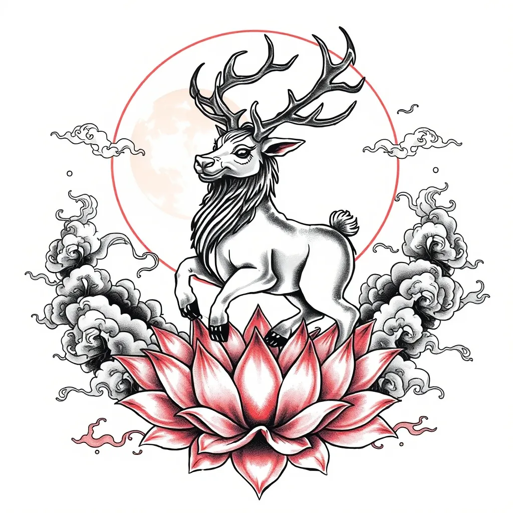 道教风格，麋鹿踏莲花，祥云围绕，背景圆月 纹身