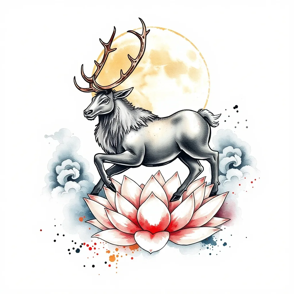 道教风格，麋鹿踏莲花，祥云围绕，背景圆月 纹身