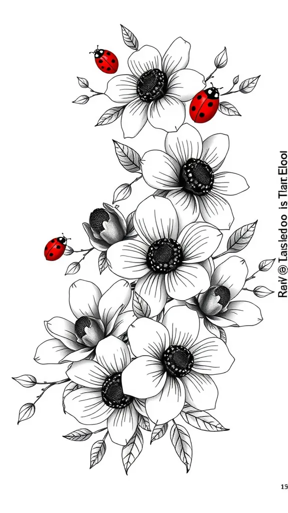 Tatto am Oberarm über Schulter und Schlüsselbein innen und außen bis Ellebogen. Gerberas, Magnolie, Magnolienzweige Marienkäfer in rot, kleine Blätter. Alles in schwarz weiß. Marienkäfer in rot. Mischung aus Gerberas und Magnolien. татуировка