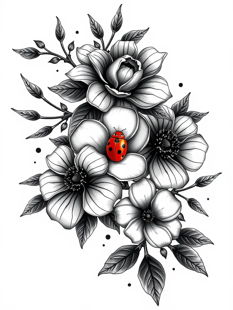 Tatto am Oberarm über Schulter und Schlüsselbein innen und außen bis Ellebogen. Gerberas, Magnolie, Magnolienzweige Marienkäfer in rot, kleine Blätter. Alles in schwarz weiß. Marienkäfer in rot. Mischung aus Gerberas und Magnolien. tetování