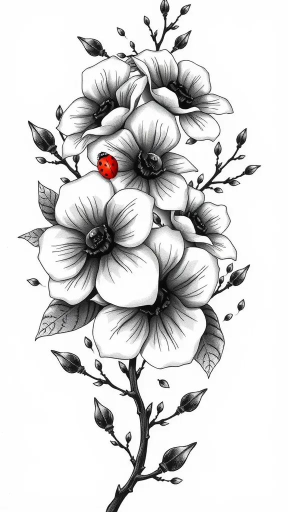 Tatto am Oberarm über Schulter und Schlüsselbein innen und außen bis Ellebogen. Gerberas, Magnolie, Magnolienzweige Marienkäfer in rot, kleine Blätter. Alles in schwarz weiß. Marienkäfer in rot. Mischung aus Gerberas und Magnolien. tatuaje