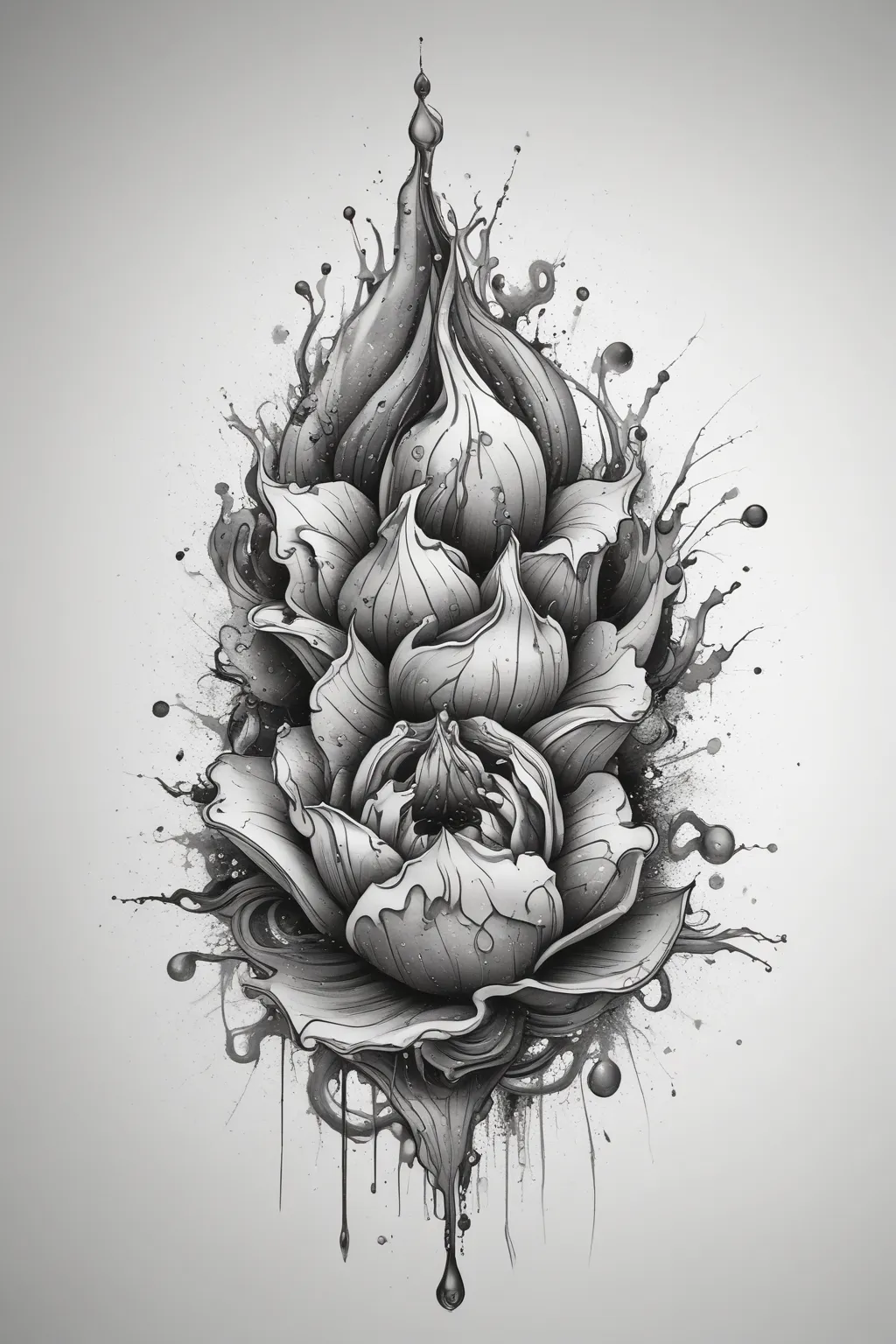 tattoo 3d realistic, water splash, water drops, realistic shadows, realistic waves, black and grey tatuaż