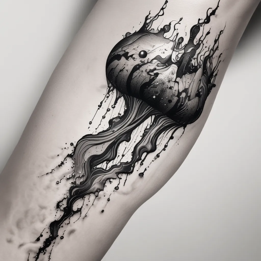 tattoo 3d realistic, water splash, water drops, realistic shadows, realistic waves, black and grey tattoo