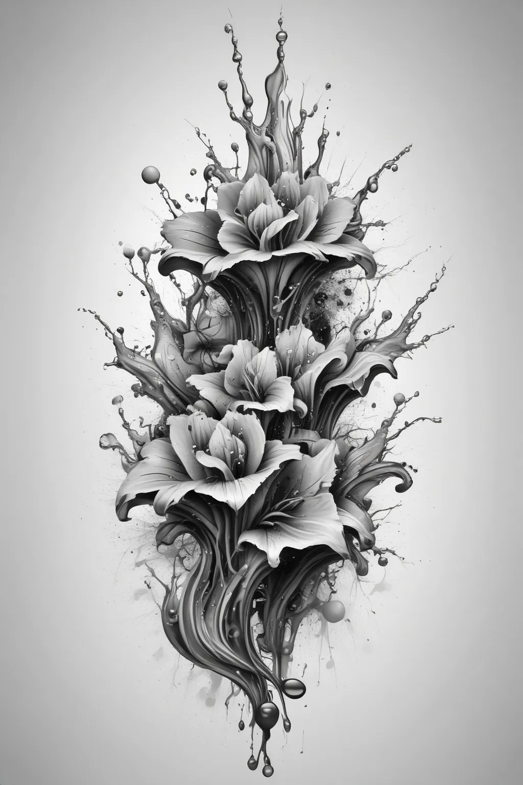 tattoo 3d realistic, water splash, water drops, realistic shadows, realistic waves, black and grey टैटू