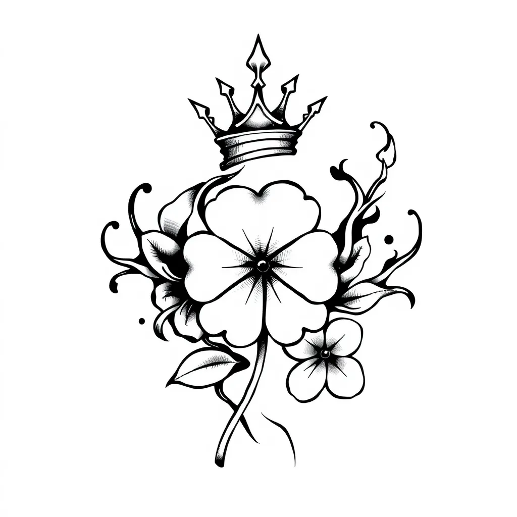 tattoo abstract and fine in black and white with a crown and a 4 leaf clover tattoo