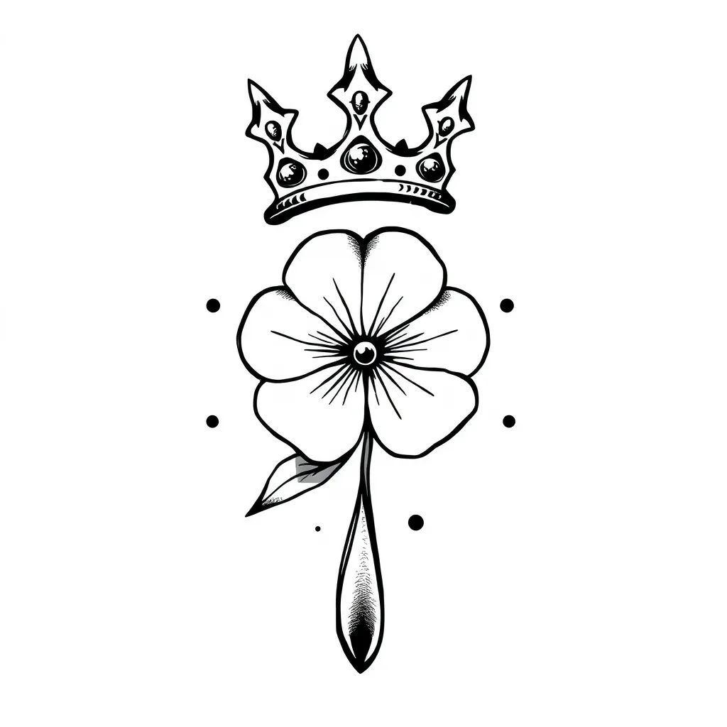 tattoo abstract in black and white with a crown, a clover and a tear tattoo