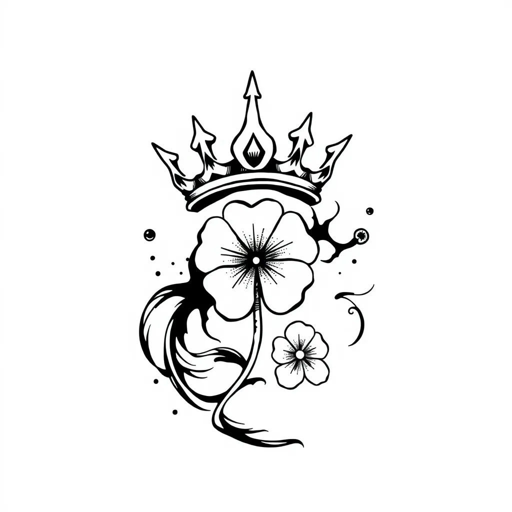 tattoo abstract in black and white with a crown and a clover tattoo