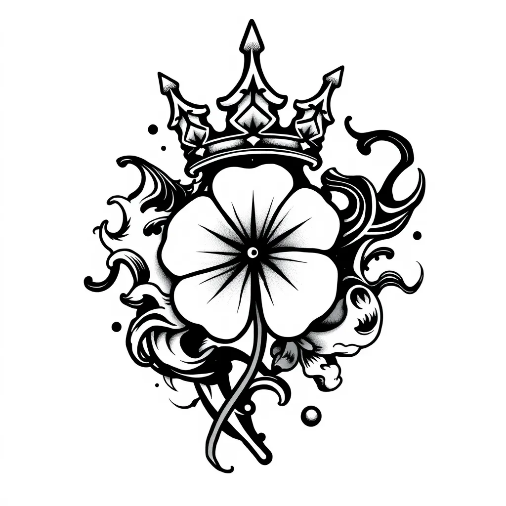 tattoo abstract in black and white with a crown and a 4 leaf clover tattoo