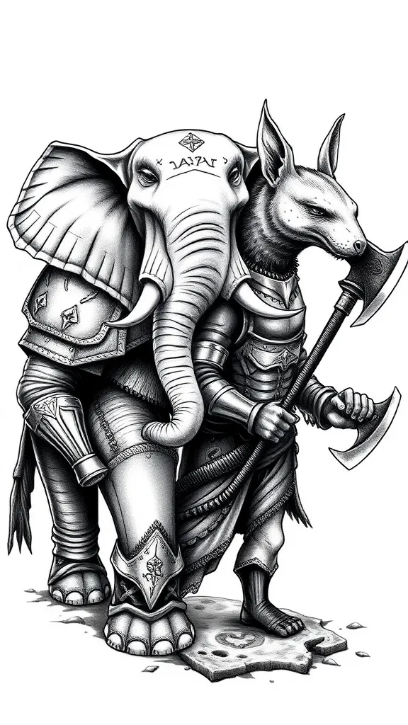 Tattoo Design Brief
I am looking for a tattoo in warhammer style, depicting an female elephant next to a male weasel. Both the same size and both in armour with axes in there hands tattoo