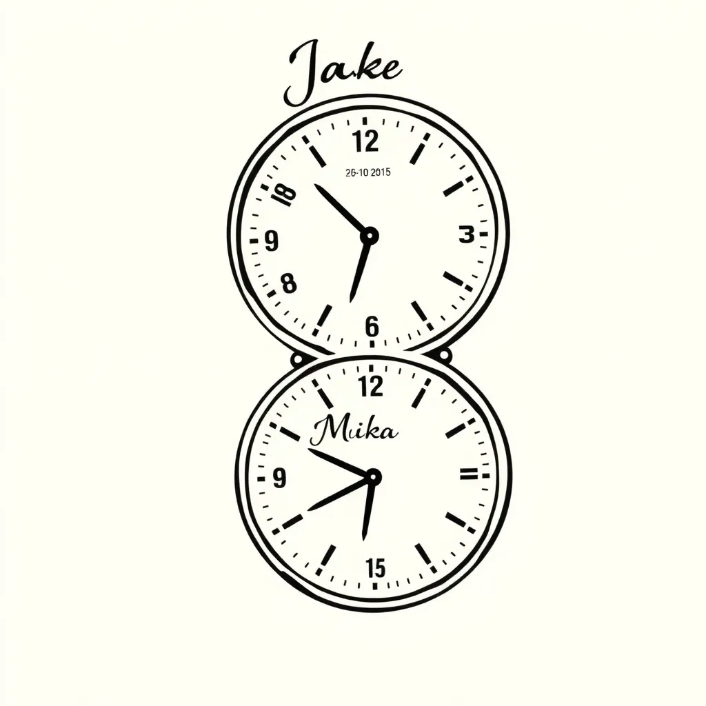 Tattoo ontwerp
Van 2 Moderne klokken onder elkaar
In de eerste klok de naam Jake 
Met de tijd op 00:20
En datum eronder met 26-10-2015

In de 2de klok de naam Mika
Met de tijd 18.45
En de datum eronder 11-10-2019 
Goudsbloem
 tatuointi