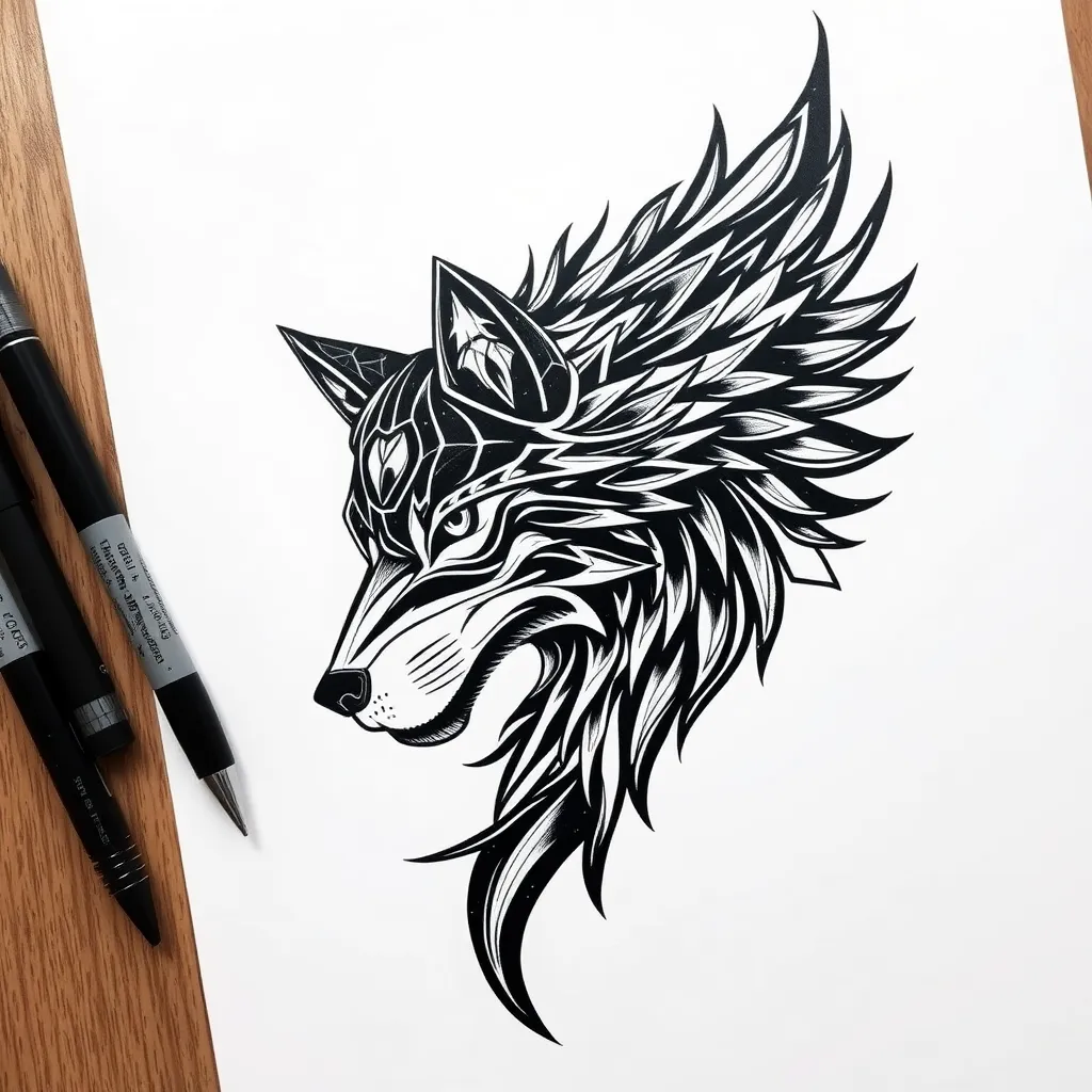 
tattoo design, stencil, tattoo stencil, traditional, a world famous tattoo of a geometric wolf, masterpiece, best quality, high quality, extremely detailed cg unity 8k wallpaper, scenery, award winning photography, hdr, extremely detailed, trending on artstation, trending on cgsociety, intricate, high detail, art by midjourney tattoo