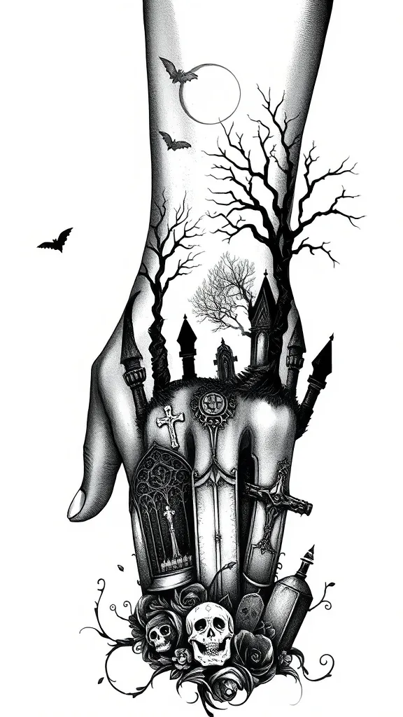 Ideia de tatuagem no estilo Horror Ideia de tatuagem no estilo Blackwork começando no dorso da mão acima dos dedos, subindo para o braço, cemitério com lapides, fantasmas e arvores tattoo