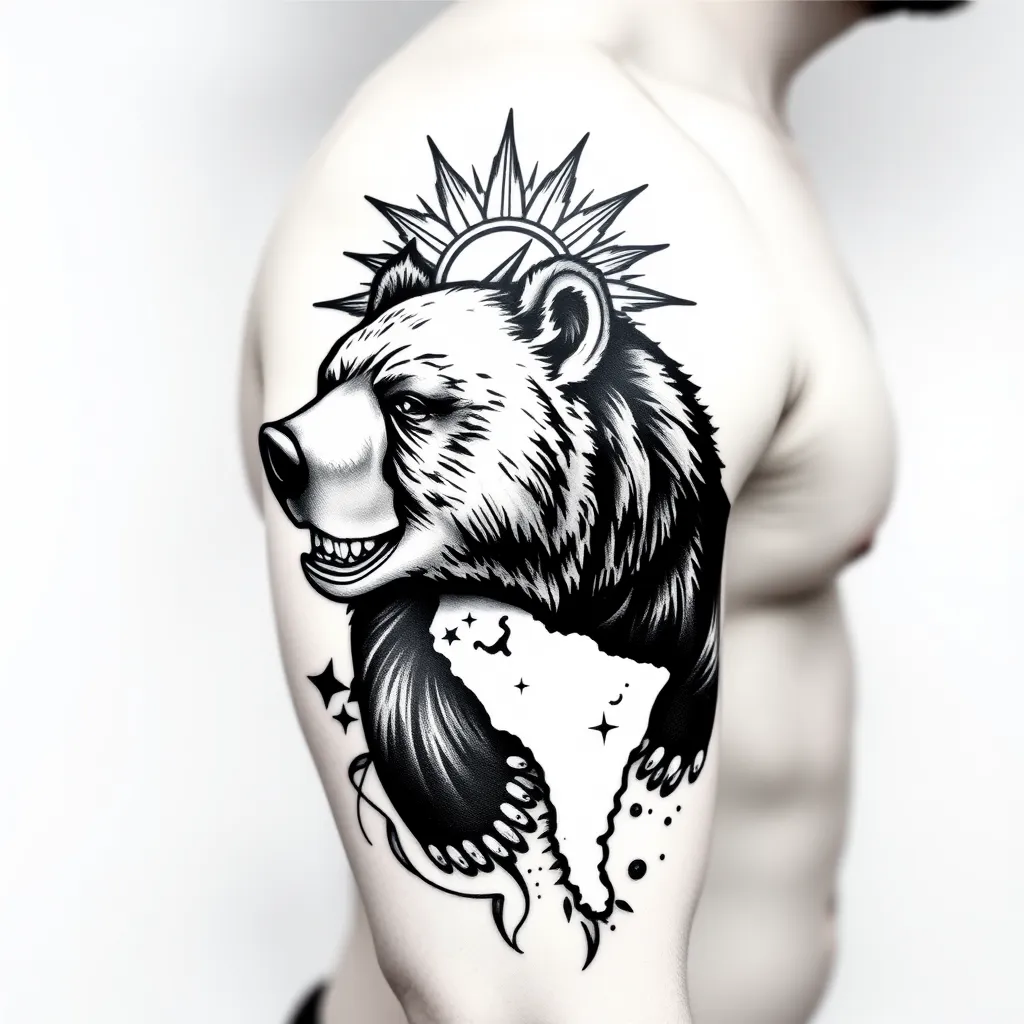 Tattoo-Idee im Stil Neo-traditionell Bär der aus der Haut kommt, Argentinische Sonne mit Südamerika Karte und Kompass. Gesamter Oberarm 纹身