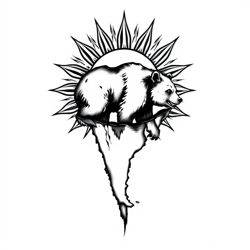 Tattoo-Idee im Stil Neo-traditionell Argentinische Sonne, Bär der aus der Haut kommt, Landkarte Südamerika tattoo