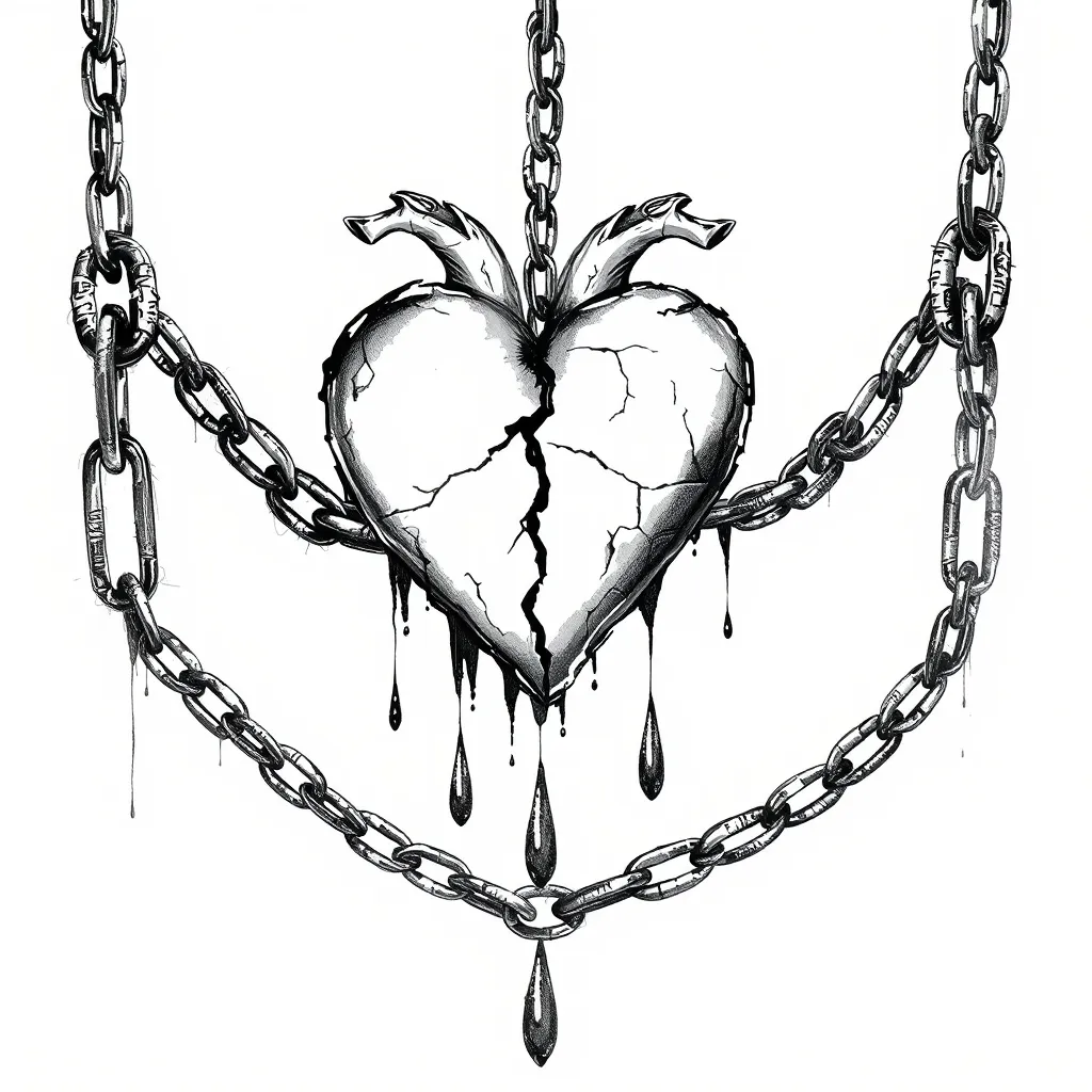 Idea de tatuaje en estilo Boceto Quiero un tatuaje que represente la canción de pxndx que se llama Cuando no es como debería de ser Elementos clave corazón roto, cadenas, lagrimas de tinta, sombras o siluetas, realismo sombrío, detalles sutiles y en blanco y negro टैटू